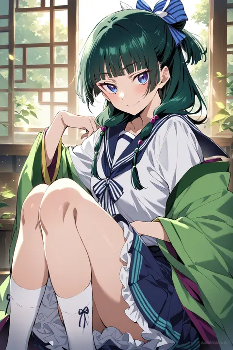 Full-body illustration of Maomao in navy sailor Lolita dress with striped bow, pleated bell skirt, knee socks, and Mary Jane shoes on clean studio background