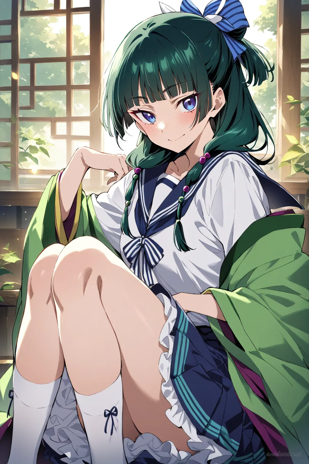 Full-body illustration of Maomao in navy sailor Lolita dress with striped bow, pleated bell skirt, knee socks, and Mary Jane shoes on clean studio background