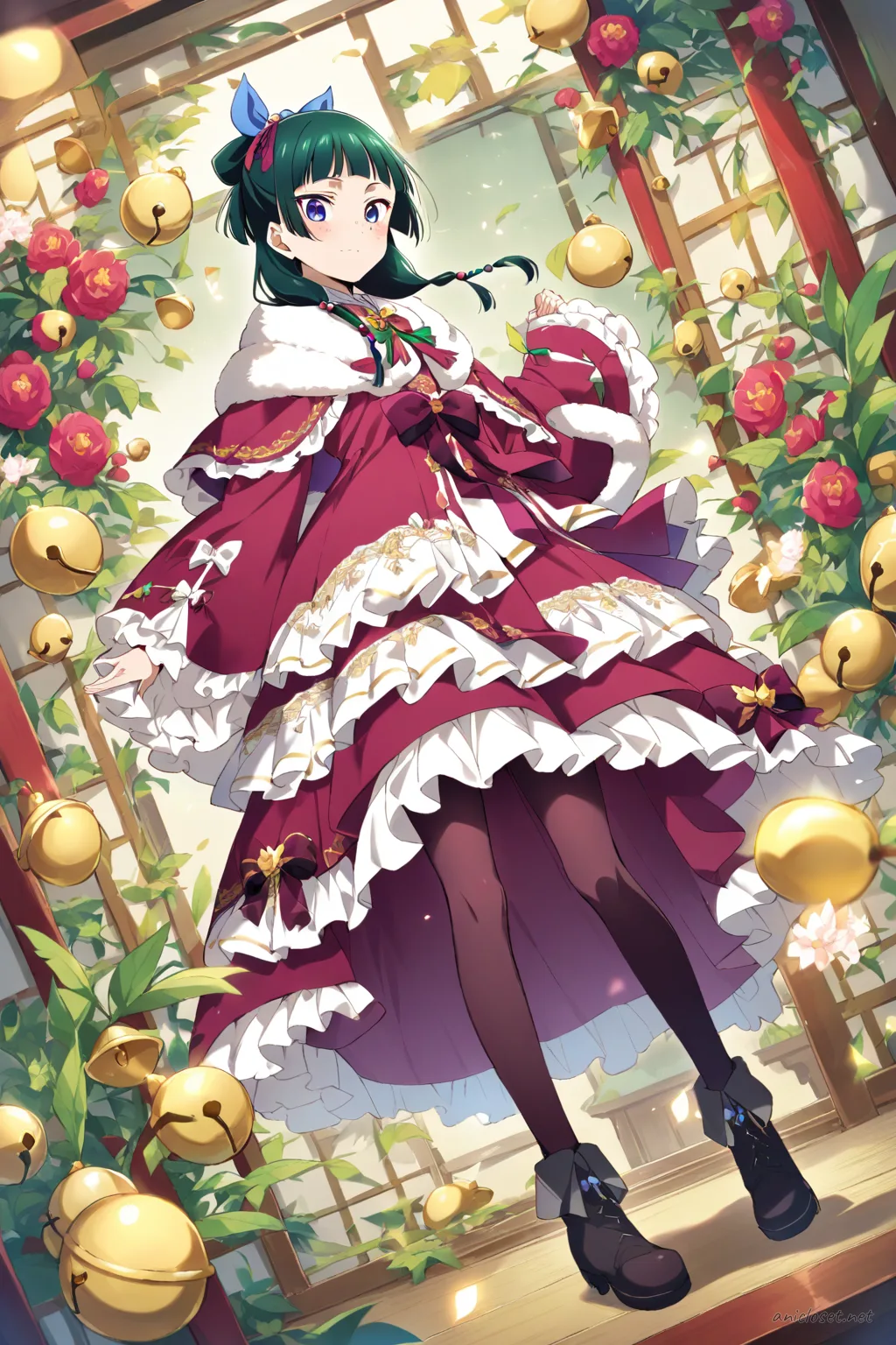 Full-body illustration of Maomao in a winter Lolita coat dress with faux-fur capelet, velvet bow, warm tights, and ankle boots against a clean studio backdrop