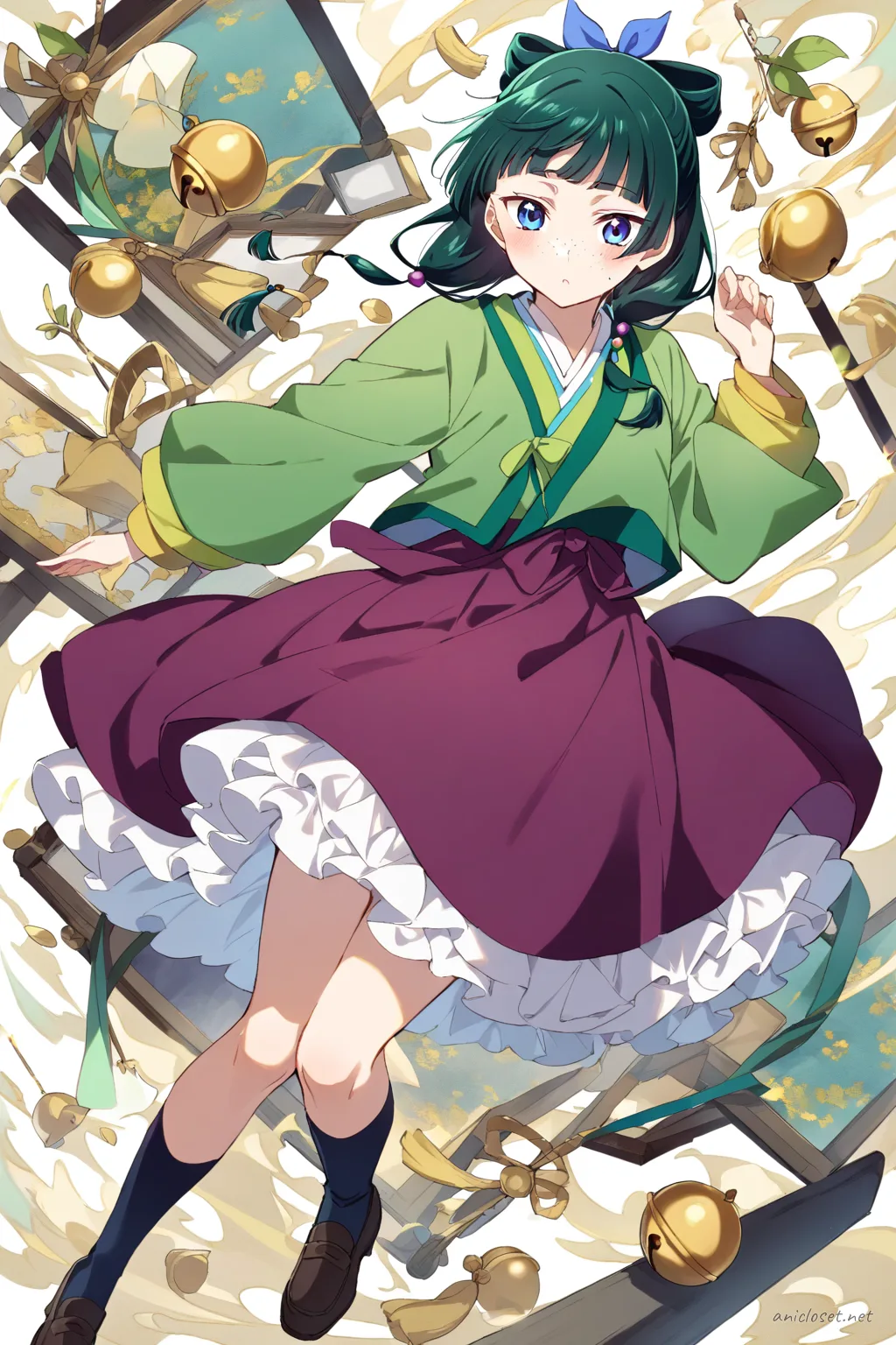 Full-body three-quarter view illustration of Maomao wearing a long-sleeve cardigan over a simple jumper skirt with knee socks, loafers, and a small bow accessory on a clean background