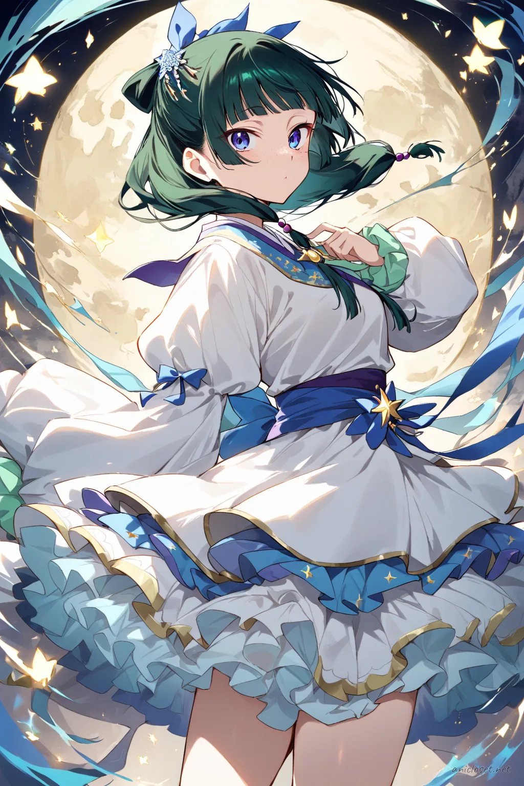 Maomao wearing a navy Lolita dress with star embroidery, layered tulle skirt, moon brooch, white blouse with peter pan collar and puff sleeves, silver mary janes, and white lace ankle socks standing in a clean studio