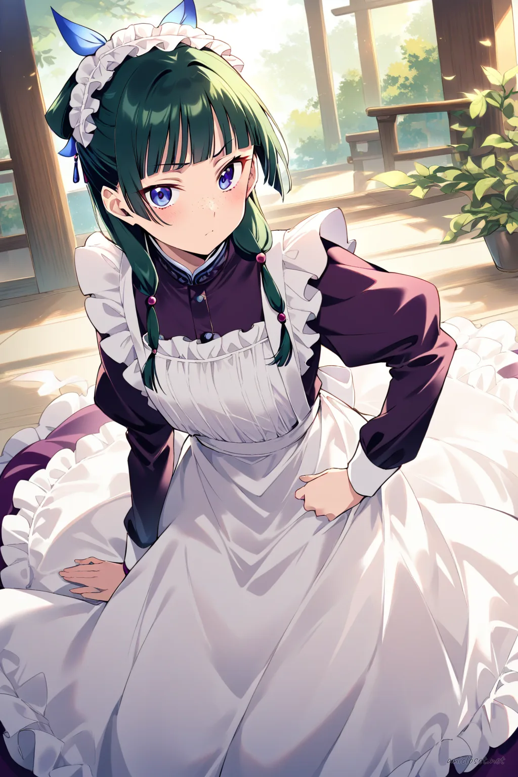 Full-body three-quarter view of Maomao wearing a classic black-and-white Victorian maid dress with long skirt, frilled white apron, maid headdress, black Mary Jane shoes, and white lace-trimmed ankle socks on a clean studio background