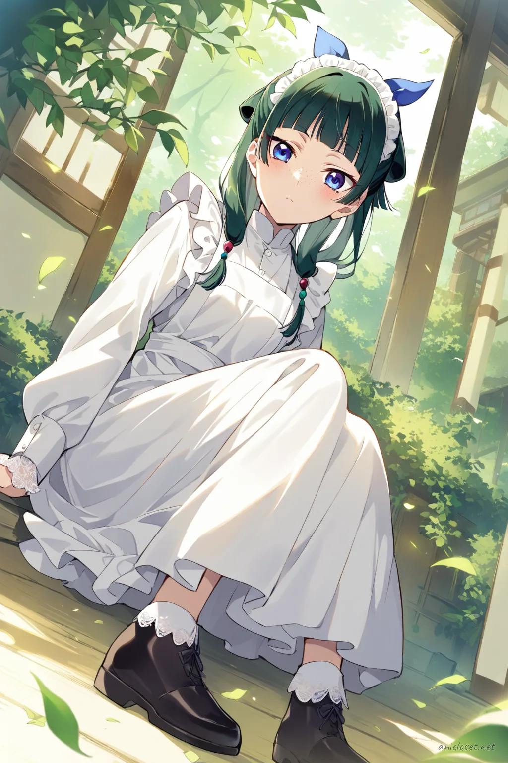 Knee-up half-body illustration of Maomao wearing a navy Edwardian maid uniform with high collar, long sleeves, white bib apron, white lace cuffs, simple white headband, and ankle boots against a clean background with soft studio lighting