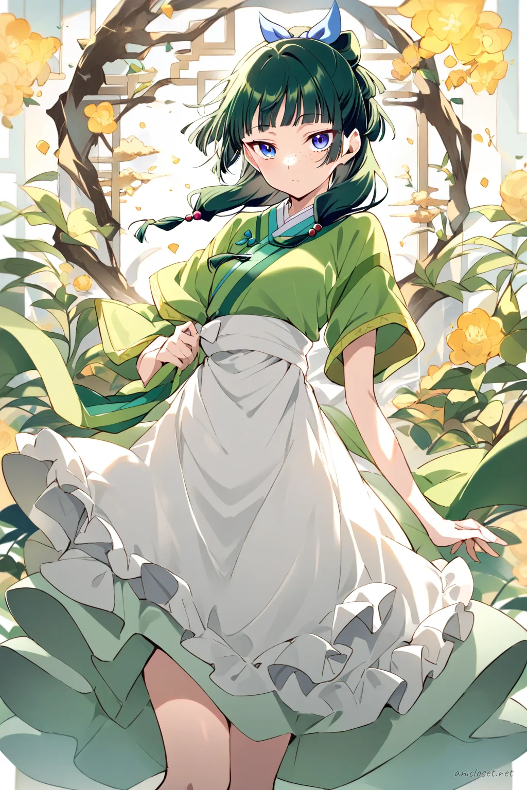 Maomao in maid outfit with qipao collar, frilled apron, and frog-button accents, knee-up half-body view under soft studio lighting