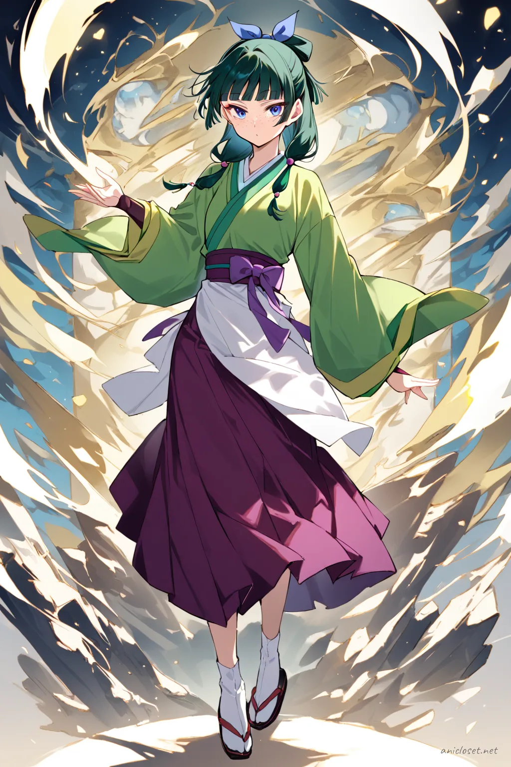 Full-body illustration of Maomao in Maid look 07 wearing kimono sleeve blouse, hakama skirt, white apron, ribbon obi, tabi socks, and zori sandals against a clean studio backdrop