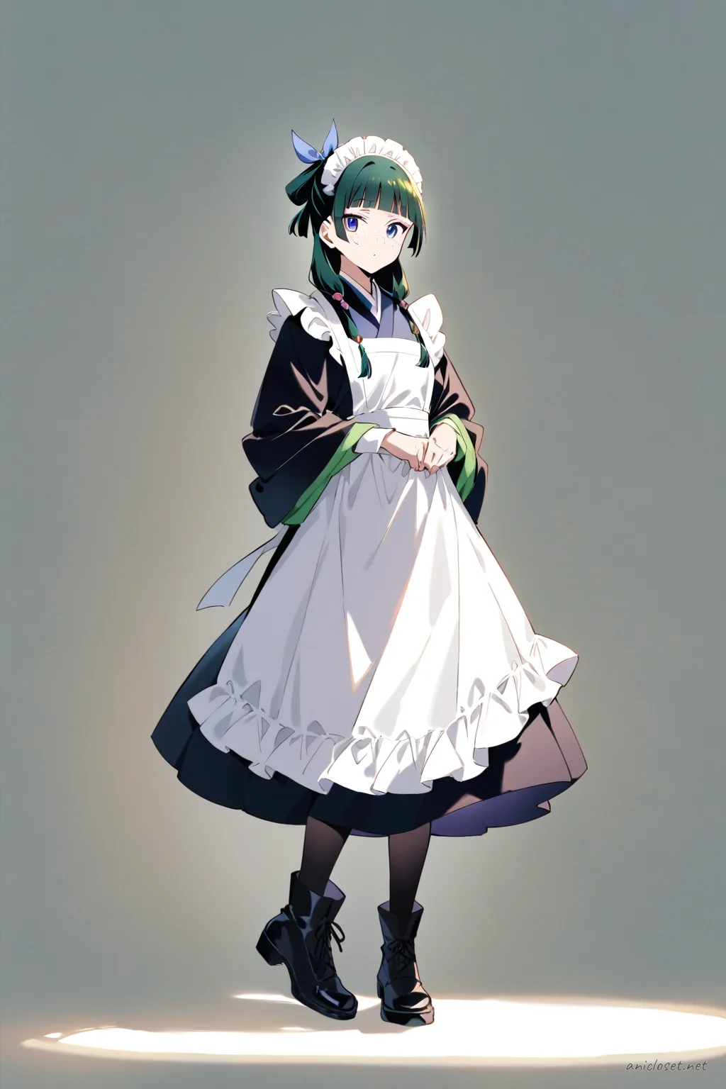 Full-body illustration of Maomao in a winter maid dress with velvet long sleeves, warm apron, black capelet, opaque black tights, and black ankle boots against a clean studio backdrop