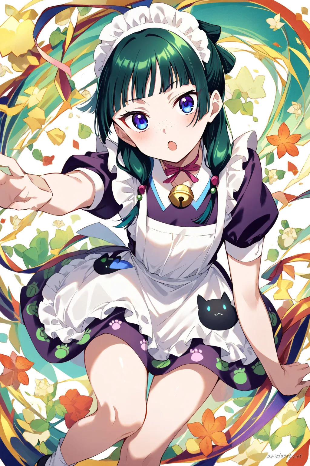 Full-body illustration of Maomao in a black cat-motif maid dress with white paw-print apron pockets, bell ribbon choker, white ankle socks, and black Mary Jane shoes on a clean studio background