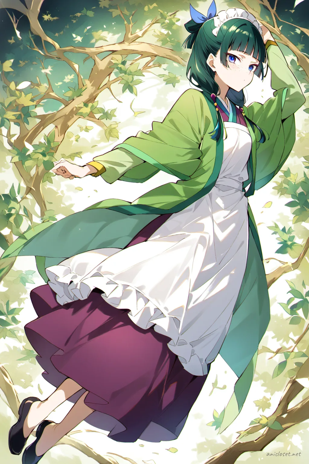 Full-body illustration of Maomao wearing a modern hotel maid-inspired monochrome dress with a neat white apron panel, low-heeled black shoes, and white ankle socks, standing against a clean studio backdrop