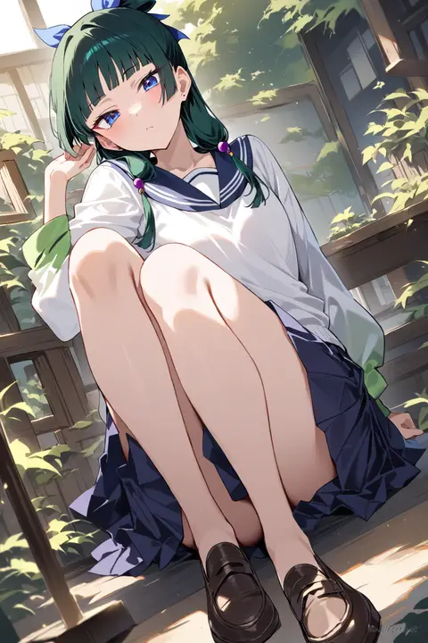 Full-body three-quarter view of Maomao wearing a navy blue sailor collar sweater, white peter pan collar blouse, long pleated navy skirt, brown loafers, and white ankle socks against a clean studio background