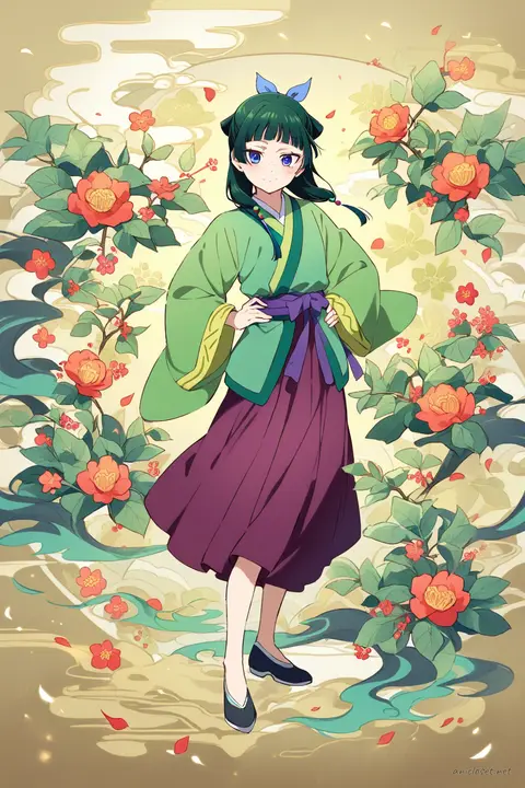 Full-body illustration of Maomao in traditional hanfu dress with long flowing sleeves, high collar, sash belt, and flat embroidered shoes, standing with hand on hip under golden-hour backlight with floating dust motes on clean studio backdrop