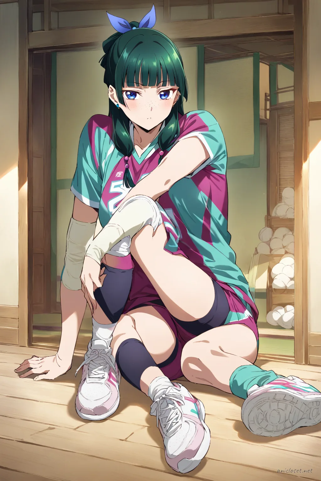 Maomao wearing a volleyball team jersey, short athletic shorts, knee pads, and running sneakers standing against a clean studio backdrop