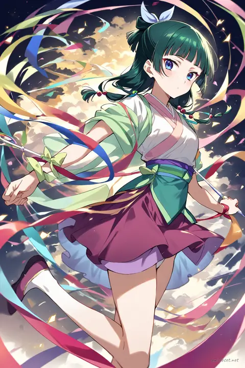 Full-body three-quarter view of Maomao in rhythmic gymnastics leotard with short wrap skirt and ribbon wand prop