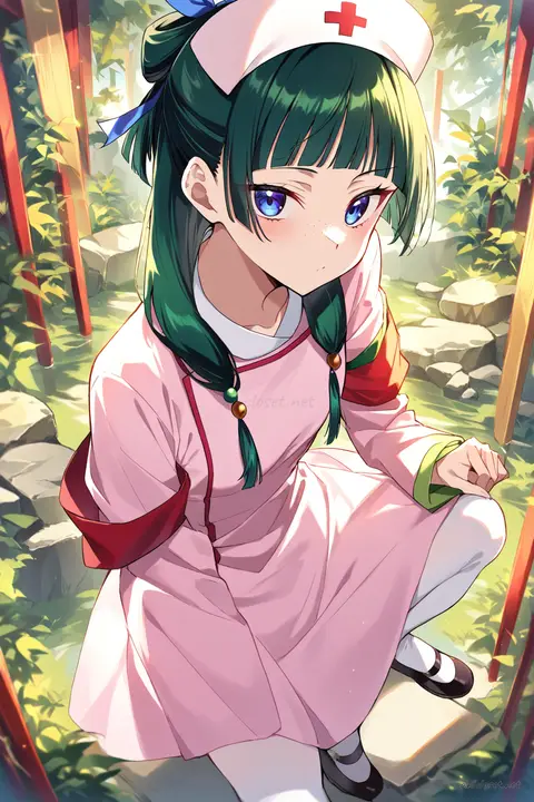 Full body illustration of Maomao in a moe nurse uniform dress with short hem, nurse cap, red cross armband, sheer white tights, and mary janes, viewed from below focusing on shoes