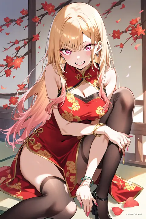 Illustration of Marin Kitagawa in a classic red qipao with gold trim and modest hem, standing pose with red Mary Jane shoes and black sheer stockings against a clean studio background
