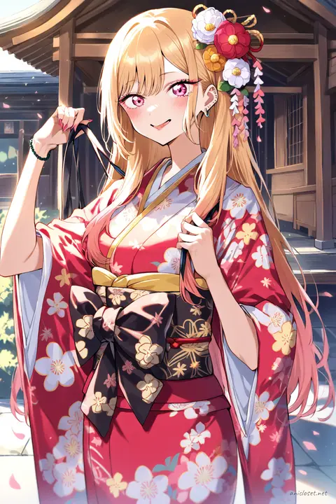 Illustration of Marin Kitagawa wearing a bright furisode kimono with large floral patterns, oversized obi bow, and flower kanzashi, shown in a front cowboy shot