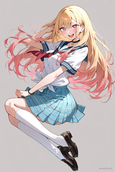 Full-body three-quarter view illustration of Marin Kitagawa wearing navy sailor collar blouse, red neckerchief, navy pleated skirt, white knee-high socks, and black loafers on clean background