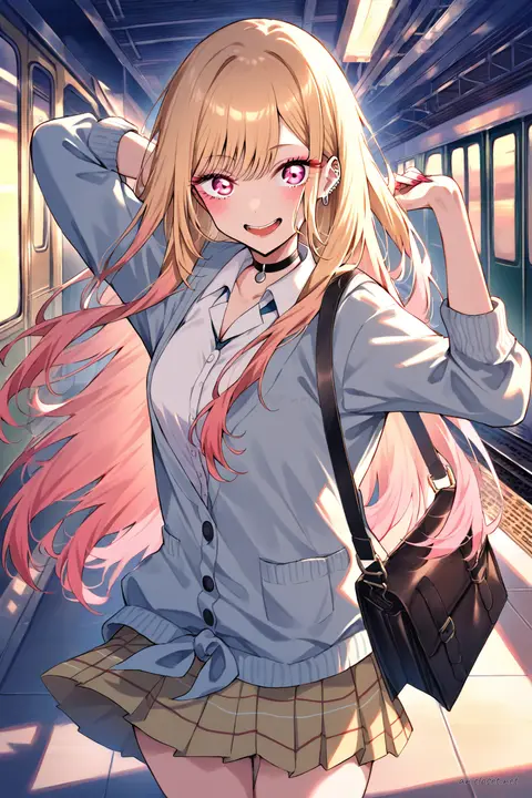 Illustration of Marin Kitagawa in a navy cardigan, white blouse, pleated skirt, knee-high socks, brown loafers, holding a leather book bag in a cowboy shot