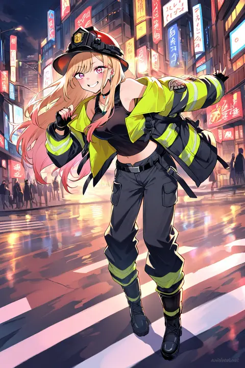 Full body illustration of Marin Kitagawa in a firefighter uniform with open turnout jacket, fitted tank top, cargo shorts, boots, and helmet under arm