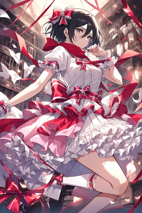 Full-body illustration of Mikasa Ackerman in a frilly idol dress with puff sleeves, lace trim, ribbon belt, pleated skirt, ankle socks, mary jane shoes, wrist cuffs, and a hair bow, standing against a clean studio backdrop