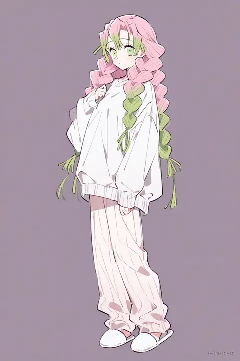 Full-body three-quarter view illustration of Mitsuri Kanroji wearing an oversized cardigan and soft knit pants in pastel colors, standing against a simple studio background