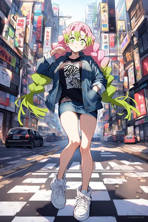 Illustration of Mitsuri Kanroji in a washed denim jacket, graphic tee, black mini skirt, and chunky white sneakers standing at a zebra crosswalk with city traffic bokeh
