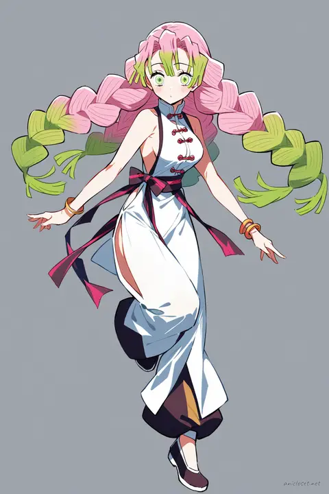 Full-body three-quarter view illustration of Mitsuri Kanroji in a sleeveless qipao top with mandarin collar, soft wide trousers, and ribbon sash