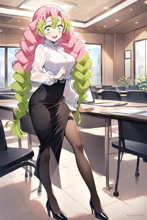 Full-body illustration of Mitsuri Kanroji in formal attire with white sheer blouse sleeves, black midi pencil skirt, black pumps, holding clipboard in bright conference room