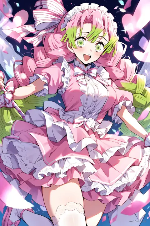 Full-body illustration of Mitsuri Kanroji in a pastel pink frilly idol dress with layered ruffle skirt, puffed short sleeves, white lace trim, large stage bow headband, white thigh-high stockings, pink platform mary janes, pearl bracelet, fingerless lace gloves, and microphone headset, standing against a clean studio background.