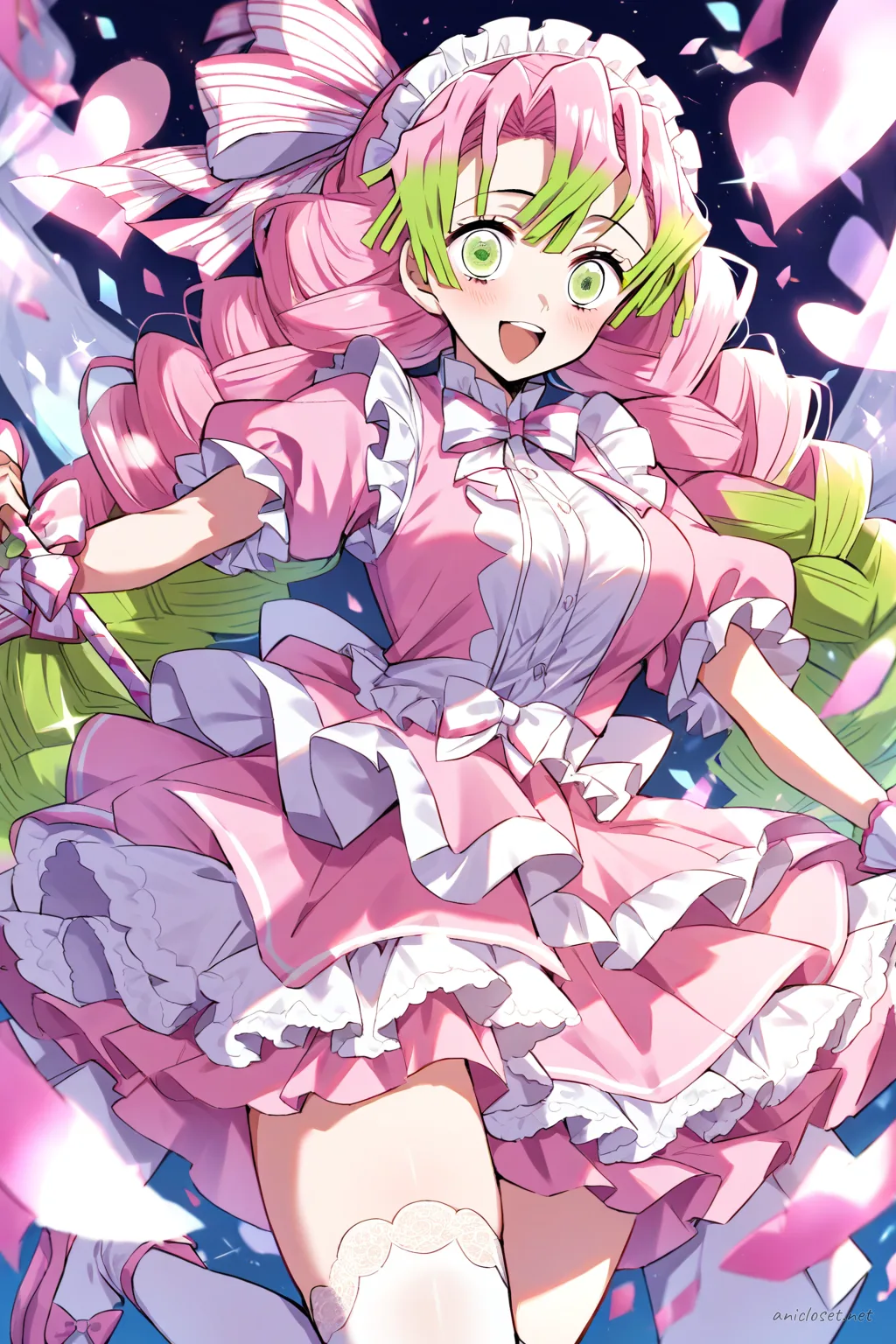 Full-body illustration of Mitsuri Kanroji in a pastel pink frilly idol dress with layered ruffle skirt, puffed short sleeves, white lace trim, large stage bow headband, white thigh-high stockings, pink platform mary janes, pearl bracelet, fingerless lace gloves, and microphone headset, standing against a clean studio background.