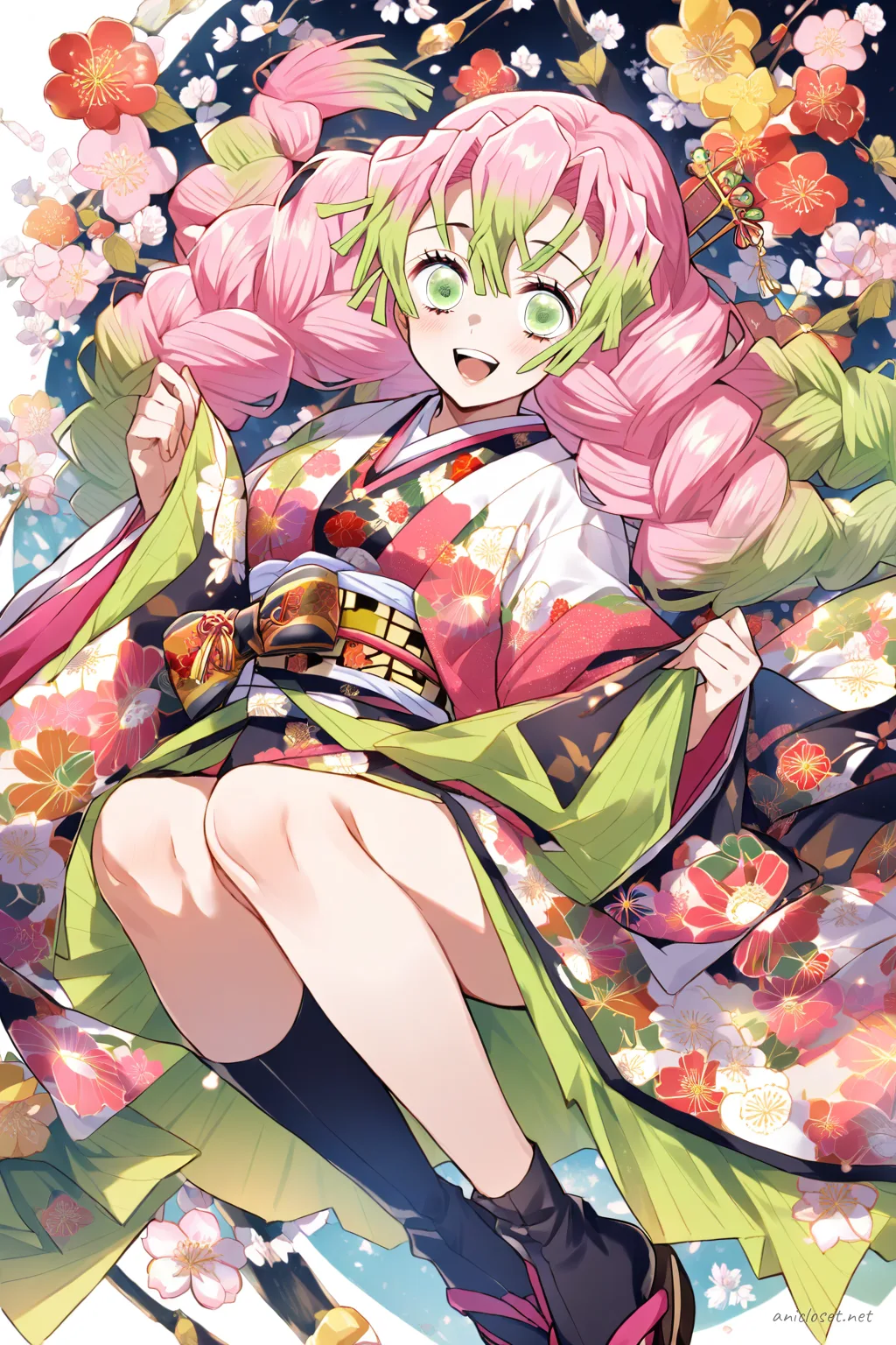 Full-body three-quarter view illustration of Mitsuri Kanroji wearing a furisode kimono with floral patterns and an ornate obi, standing against a clean studio background