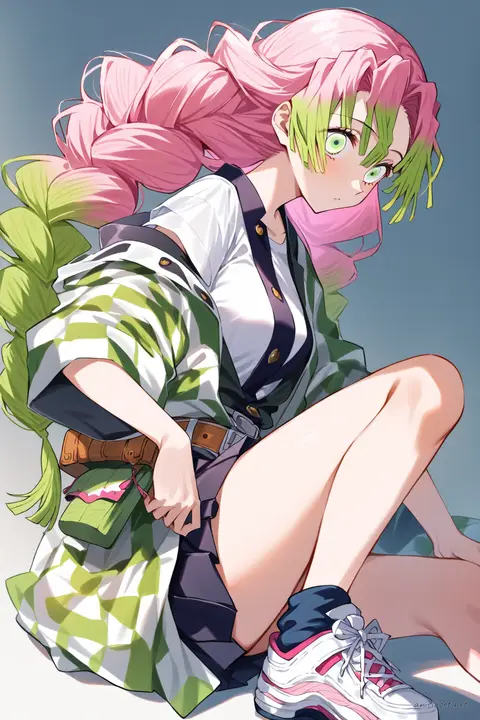 Full-body three-quarter view of Mitsuri Kanroji wearing a streetwear kimono jacket over a white tee and pleated skirt, accessorized with an obi belt bag and white sneakers, against a simple studio background