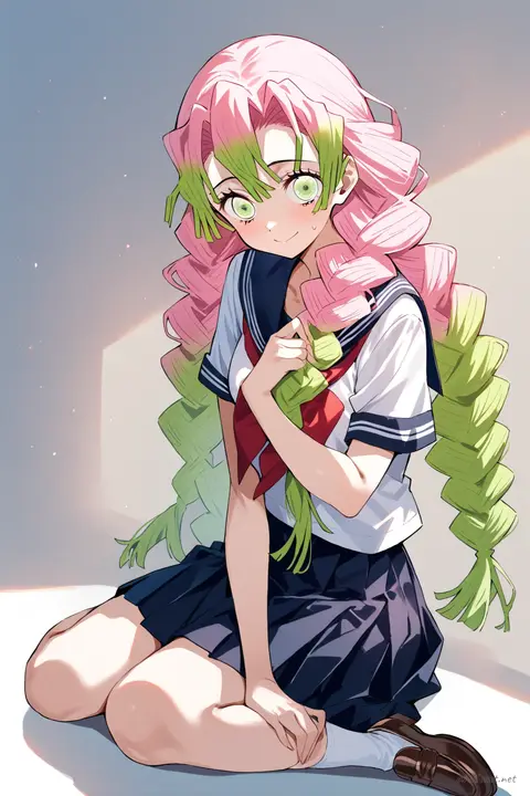Illustration of Mitsuri Kanroji wearing a navy sailor fuku with red neckerchief and pleated skirt, standing in a clean studio backdrop with brown loafers and white knee socks visible