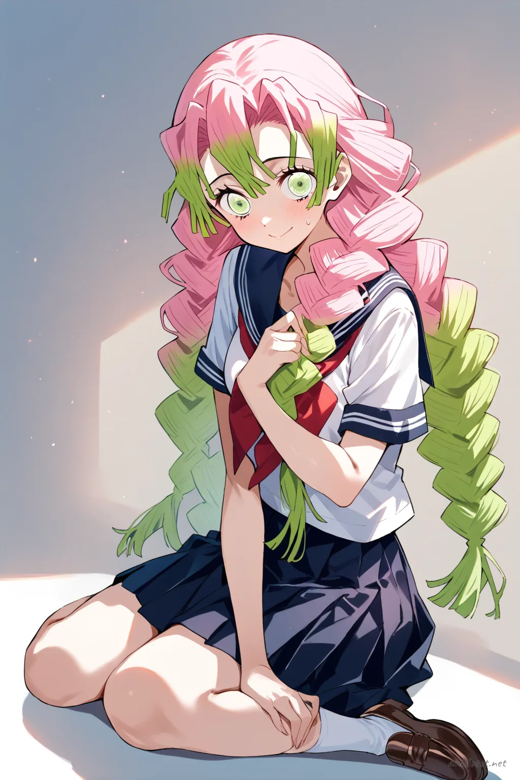 Illustration of Mitsuri Kanroji wearing a navy sailor fuku with red neckerchief and pleated skirt, standing in a clean studio backdrop with brown loafers and white knee socks visible
