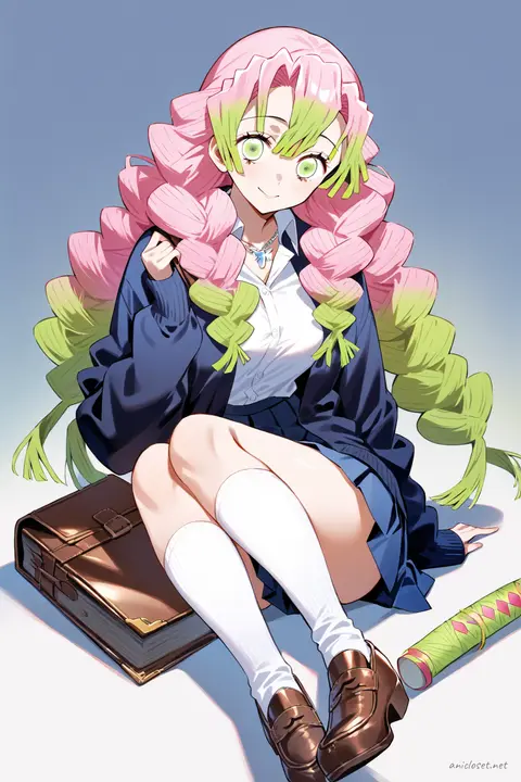 Illustration of Mitsuri Kanroji in a navy blue cardigan and pleated skirt school outfit, holding a brown leather book bag, knee-up half-body view