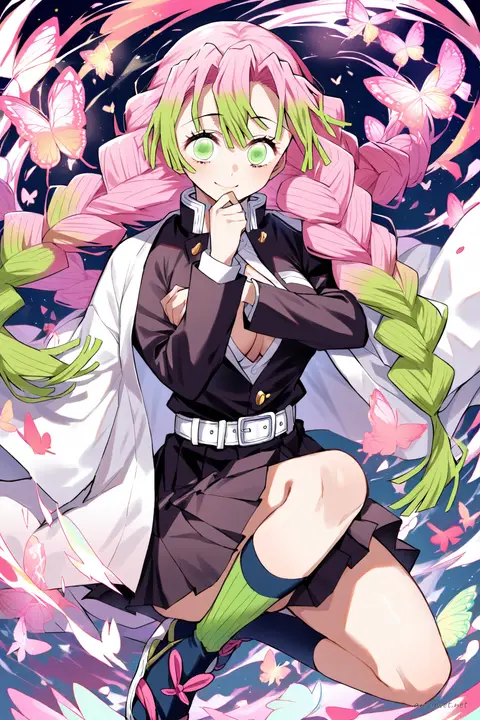 Full-body illustration of Mitsuri Kanroji in her classic Demon Slayer uniform with butterfly hair accessory, standing pose on clean studio backdrop