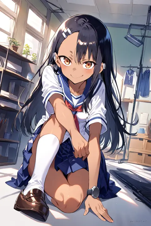 Knee-up half-body illustration of Hayase Nagatoro wearing a white short-sleeve sailor blouse with navy blue collar and pleated skirt, white knee-high socks, brown loafers, red neckerchief, and simple wristwatch against a clean studio background