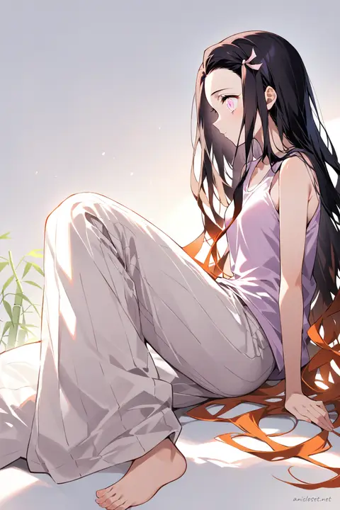 Illustration of Nezuko Kamado in a sleeveless tank top and wide-leg linen pants, shown knee-up with soft studio lighting on a simple background