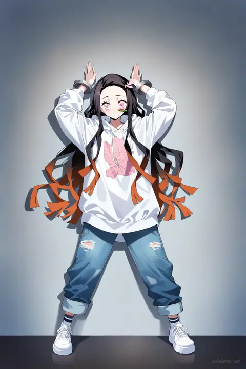 Full-body illustration of Nezuko Kamado wearing an oversized hoodie, light blue cuffed jeans, white sneakers, standing against a clean studio backdrop