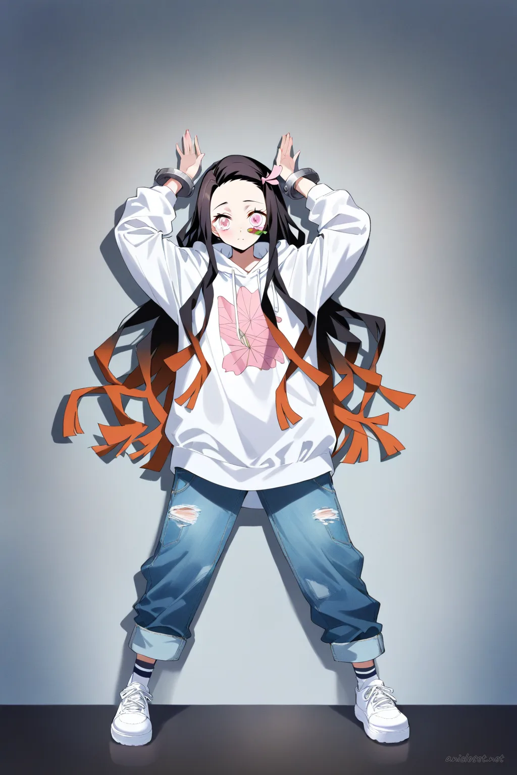 Full-body illustration of Nezuko Kamado wearing an oversized hoodie, light blue cuffed jeans, white sneakers, standing against a clean studio backdrop