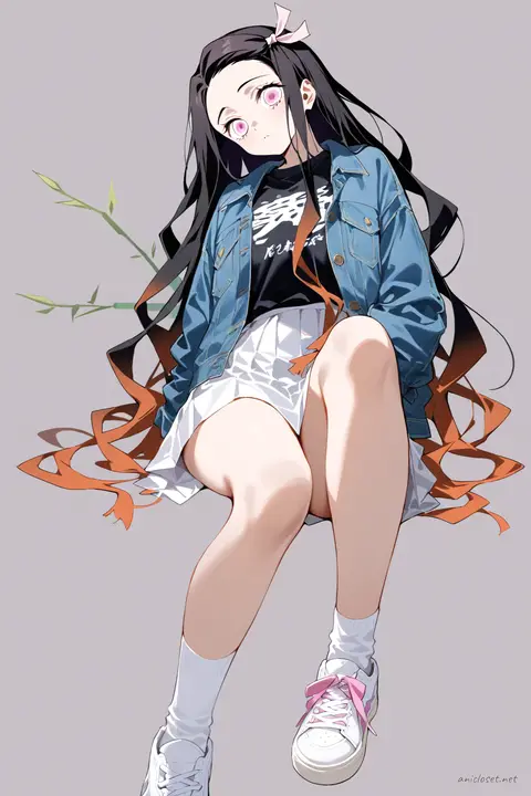 Knee-up half-body illustration of Nezuko Kamado wearing a denim jacket, graphic tee, pleated skirt, ankle socks, and white sneakers against a simple studio background