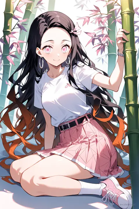 Knee-up half-body illustration of Nezuko Kamado wearing a white fitted t-shirt, light pink pleated tennis skirt, white ankle socks, and white and pink sneakers under soft studio lighting