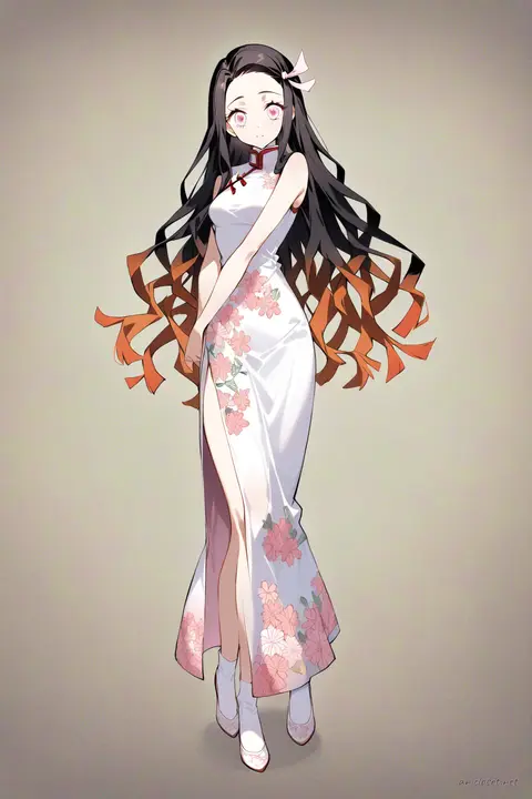 Full-body illustration of Nezuko Kamado wearing a navy cheongsam with subtle floral embroidery, black ballet flats, white ankle socks, and simple hair ribbon, standing against a clean studio backdrop