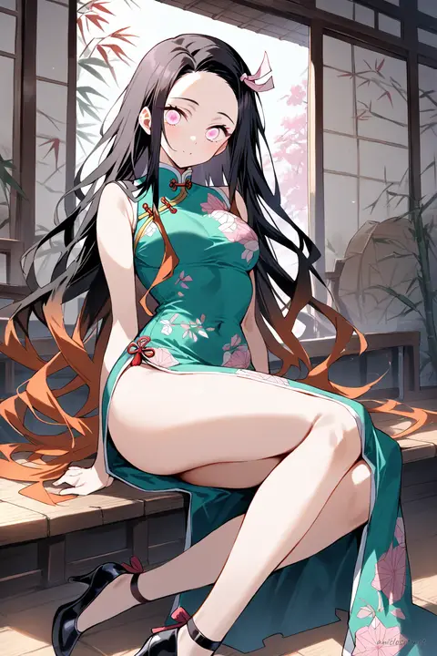Full-body illustration of Nezuko Kamado standing in a teal sleeveless qipao with floral embroidery, black ankle strap heels, and sheer black stockings against a clean studio backdrop