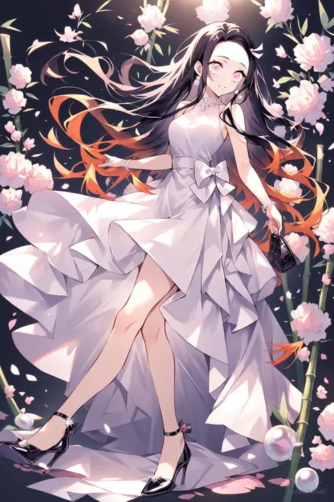 Illustration of Nezuko Kamado in a sleeveless fitted cocktail dress with knee-length hem, elegant strappy heels, clutch bag, pearl earrings, and delicate bracelet under soft studio lighting