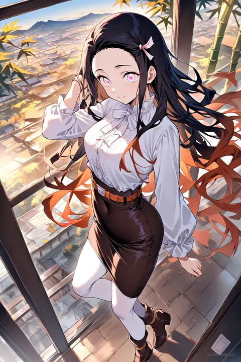 Full body illustration of Nezuko Kamado wearing a cream pussy-bow blouse, brown leather pencil skirt, opaque tights, and brown ankle boots, standing by bookshelves