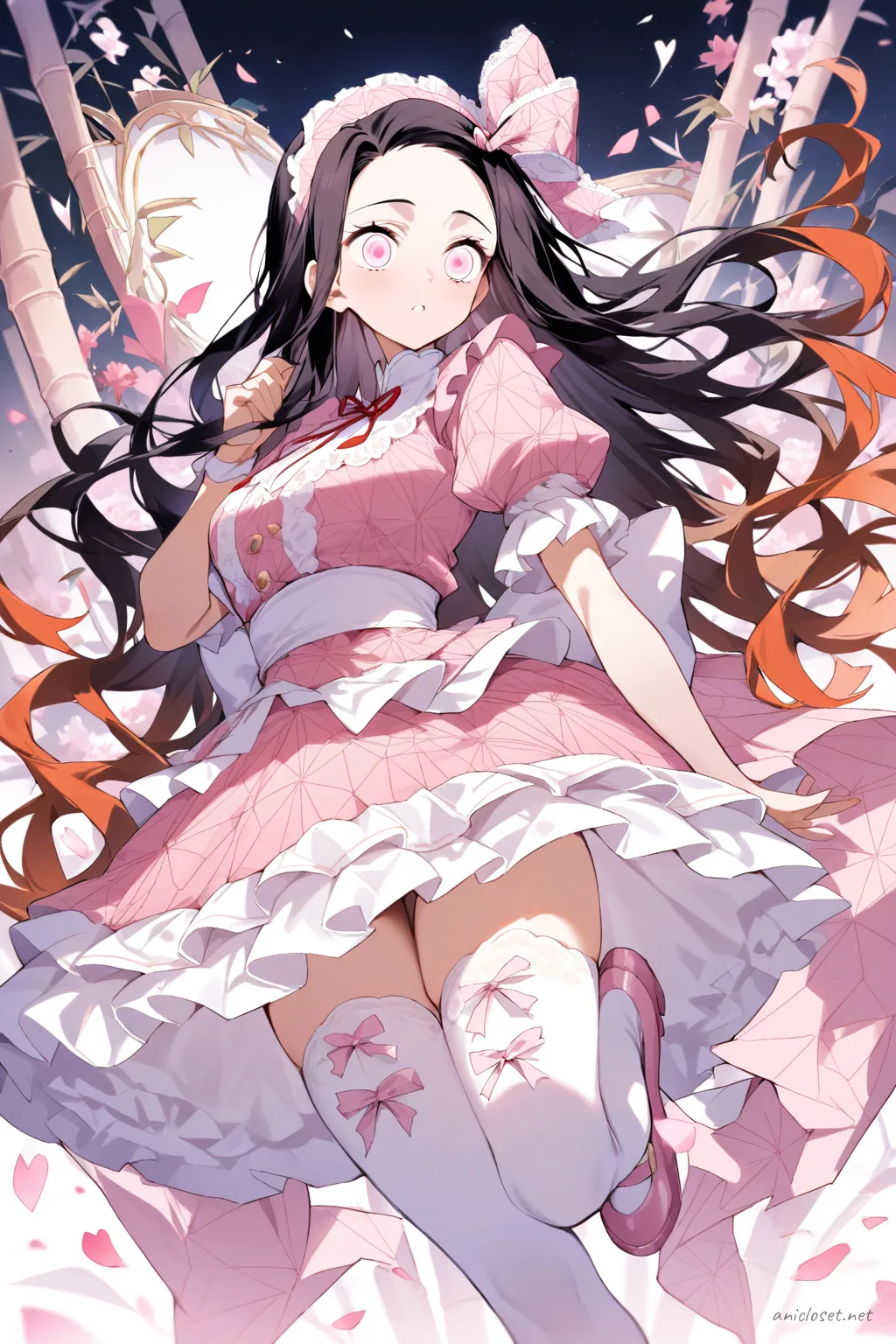 Full-body illustration of Nezuko Kamado in a pastel pink frilly idol dress with layered skirt, puffed sleeves, white lace trim, large stage bow headband, white thigh-high stockings, pink mary jane shoes, ribbon choker, and fingerless lace gloves, standing against a clean studio backdrop