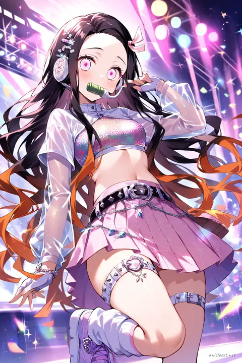 Full-body illustration of Nezuko Kamado in a group-dance idol unit outfit, standing with platform sneakers and rhinestone hair clips against a clean studio backdrop