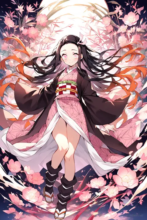 Full-body three-quarter view illustration of Nezuko Kamado wearing a furisode kimono with pink and white floral gradient, ornate obi belt with large bow, traditional tabi socks and zori sandals, hair ribbon accessory, on a clean studio background
