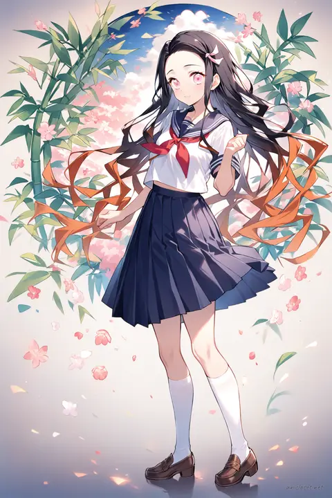 Full-body illustration of Nezuko Kamado in navy sailor fuku with red neckerchief and pleated skirt, standing pose on clean studio background