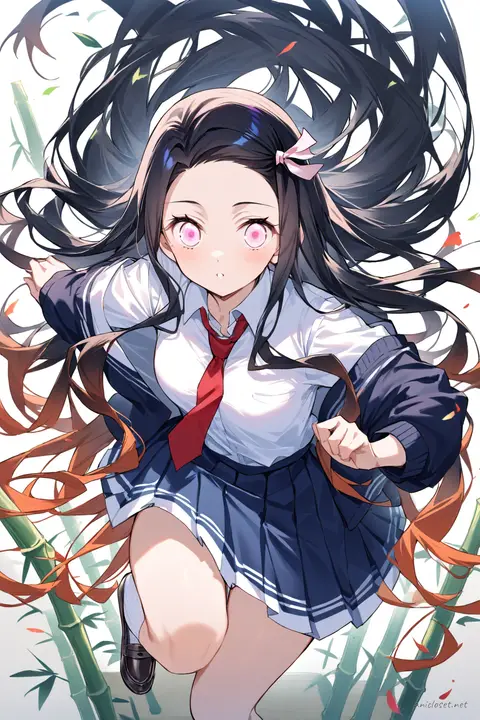 Full-body three-quarter view illustration of Nezuko Kamado wearing a navy blue sweater vest over a white long-sleeve blouse, pleated navy blue school skirt, knee-high white socks, black loafers, and a red ribbon necktie against a simple studio background